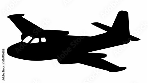 Silhouette of a small twin engine airplane with a high wing and tail fin on a white background plane