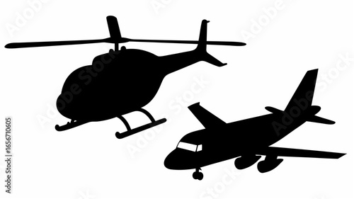 Silhouette of a helicopter with rotating blades and a small airplane in black and white design elements