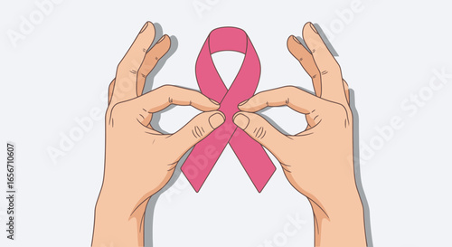 Symbolic Representation of Hope and Support in Cancer Awareness: Hands Holding a Pink Ribbon Featuring Gestures of Compassion for Breast Cancer Awareness Month and Charitable Initiatives