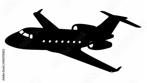 Silhouette of a private jet airplane with visible wings tail and fuselage on a white background