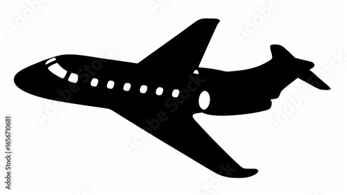 Silhouette of a private jet with visible windows wings and tail in a monochrome black and white design
