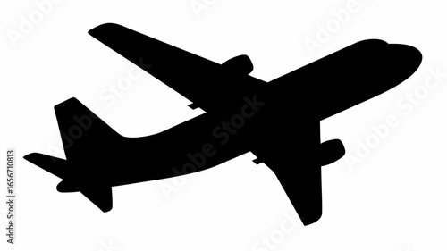 A silhouette of an airplane flying diagonally with wings and tail fin visible against white background