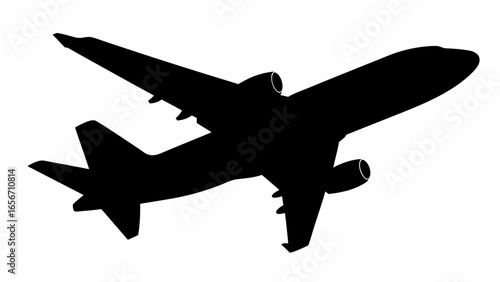 Silhouette of a commercial airplane flying diagonally upwards with engines and wings visible in the sky