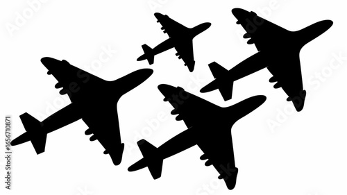 Silhouette depiction of four airplanes flying in formation against a white background image display