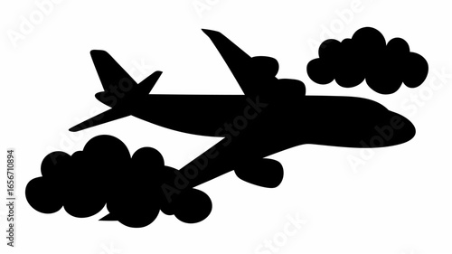 Silhouette of an airplane flying through clouds with a white background in a simple illustration