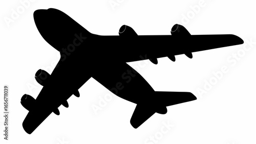 Silhouette of a large airplane with four engines and wings viewed from below in black and white style