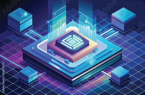 Isometric futuristic microchip with glowing circuitry and data flow