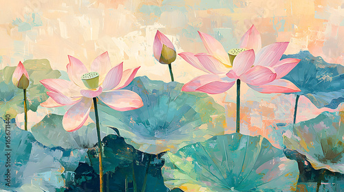 A painting of three pink flowers with green leaves