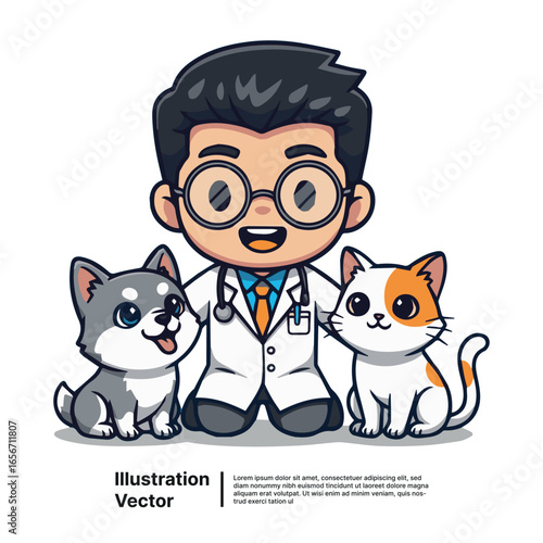 Smiling cartoon veterinarian with a cute dog and cat, professional pet healthcare vector