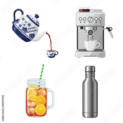 Beverage Variety Vector Set: Teapot, Espresso Machine, Ice Tea, Water Bottle - Drink Graphics for Cafe Menu, Food Blog, Home Design