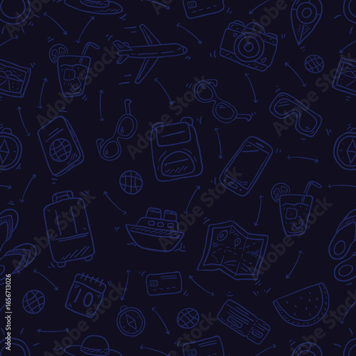 Seamless monochrome pattern on checkered paper. Icon set of elements for summer vacation travel, hand drawn vector doodles in line style. Line contour in sketch style.