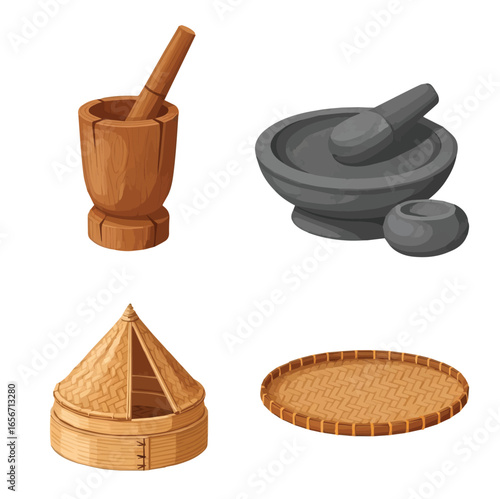 Traditional Asian Kitchen Tools Vector Set: Mortar Pestle, Steamer, Winnowing Tray - Authentic Cuisine and Cultural Heritage Graphics