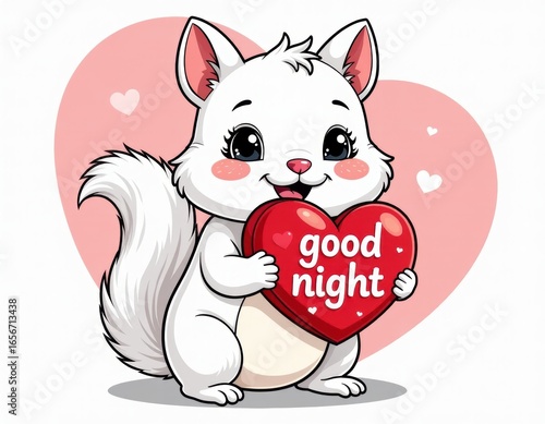 Cute Cartoon White Squirrel Holding Good Night Heart Illustration