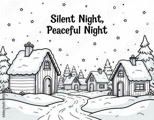 Silent Night Peaceful Night Snowy Village Line Art - Christmas Winter Scene Illustration