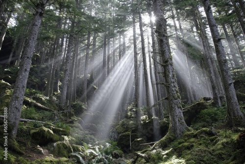 Sunlight streams through a dense forest (1)