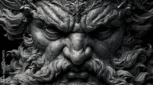 Close-up of a sculpted, angry god-like face