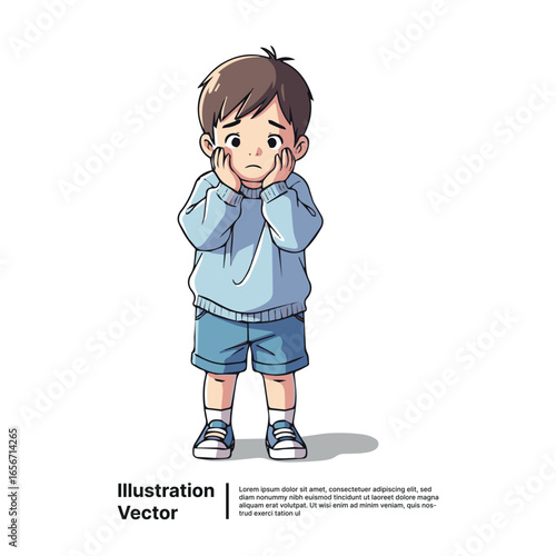 Young Boy with Concerned Expression, Holding Cheeks, Isolated on White Background