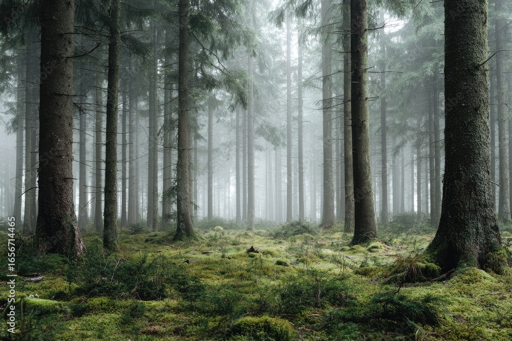 Obraz premium Misty forest scene with tall trees