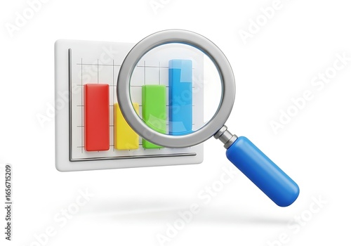 Magnifying glass over a colorful bar graph, representing business data analysis and market research.
