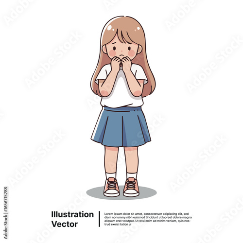Worried or anxious young girl biting her nails in an illustration, feeling nervous
