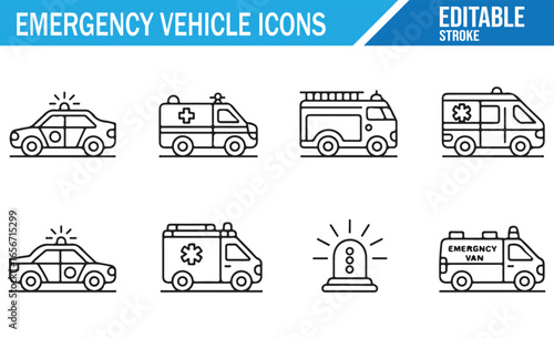 Collection of editable icons representing emergency vehicles, including ambulances and police cars for rescue.