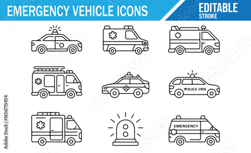 Editable icons of emergency response vehicles such as ambulances, police cars, and fire trucks.