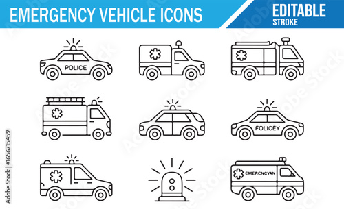 Collection of editable emergency vehicle icons featuring ambulances, police cars, and fire trucks with sirens.