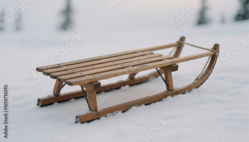 Wooden sled resting on snow in winter landscape  
