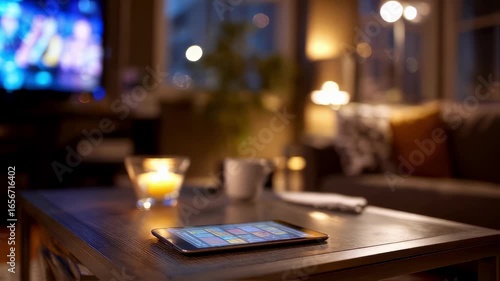 Wallpaper Mural Medium shot of a coffee table with a tablet in sharp focus running a synchronized trivia game while the glowing TV screen playing a series episode fades into the background blur. Torontodigital.ca