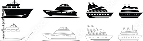 The image displays black silhouette icon set graphics depicting various types watercraft Several designs resemble modern yachts and speedboats, characterized by sleek lines and recreational features.