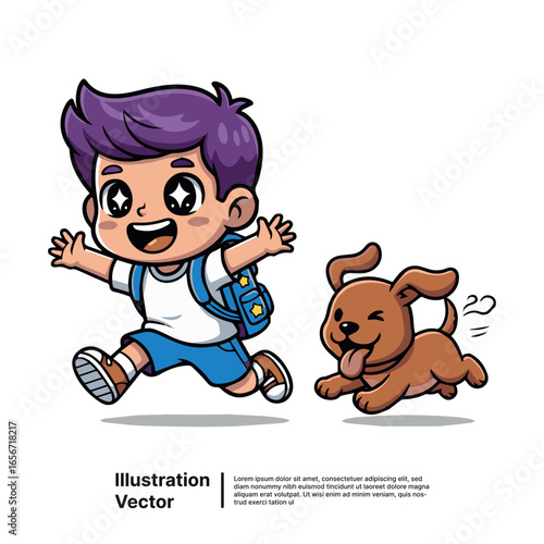 Cute happy boy with backpack running with a playful brown dog illustration