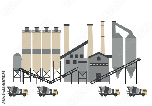 A cement factory with silos conveyors and four cement trucks
