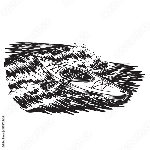 Black and white illustration of a kayak paddling through choppy water waves