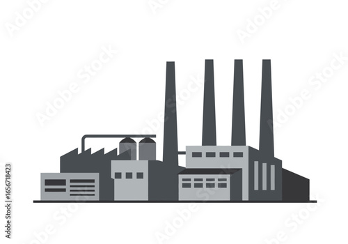 A graytoned factory complex with multiple buildings and smokestacks on a horizontal plane