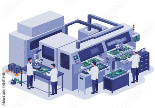 A group of engineers are inspecting electronic circuit boards at various workstations in a manufacturing facility