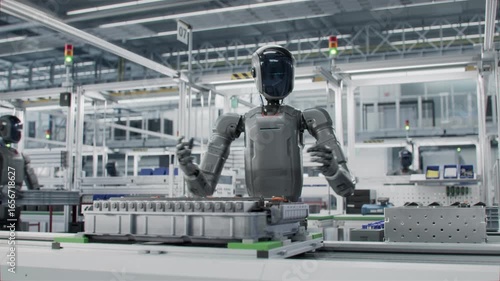 3D Animation: Autonomous AI-Powered Humanoid Robots Work at Factory on Assembly Line. Human Like Robot Working on Complex Detail in Industrial Environment. Industrial Automation AI  Accelerated.