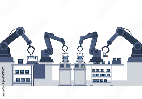Assembly line with robotic arms manipulating electronic components on a workstation