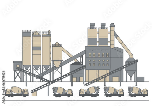Cement factory with concrete mixer trucks lined up for loading