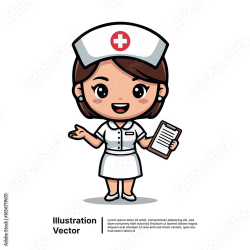 Cute Nurse Illustration with Clipboard Offering a Helping Hand