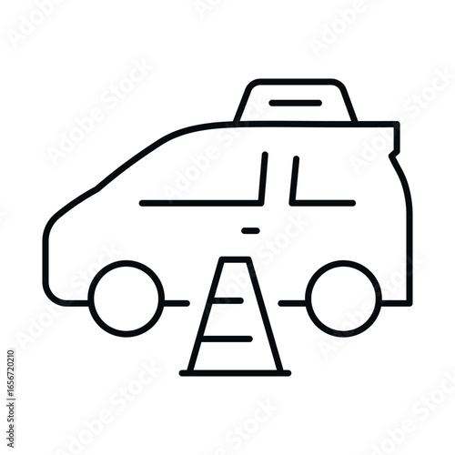 An icon of a driving school car next to a traffic cone, symbolizing driving lessons and traffic rules training. Ideal for advertising driving training services.