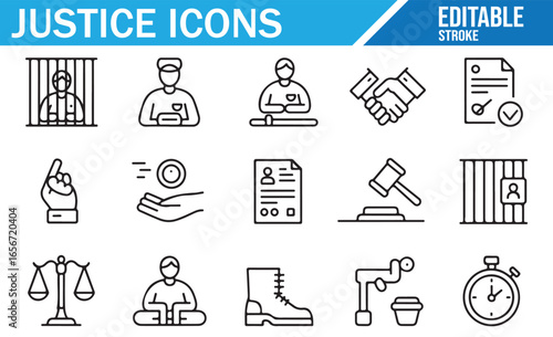 Line style icons of justice equipment such as gavel, scales, handcuffs, and legal documents.