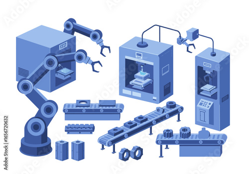 Isometric illustration of an automated factory with robots conveyor belts and manufacturing machines