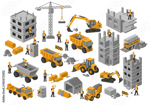 Isometric view of a construction site featuring cranes buildings workers and vehicles