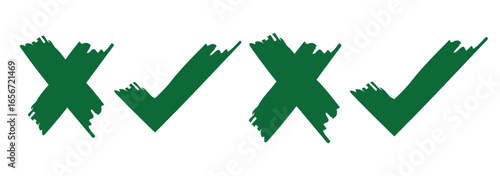 Set hand drawn check mark, tick and cross brush signs, checkmark OK and X icons, symbols YES and NO button, sketch checkmarks, - stock vector