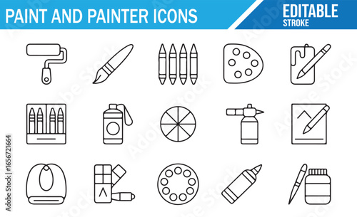 Icon collection for painters, featuring brushes, rollers, palettes, and art tools for creative work.