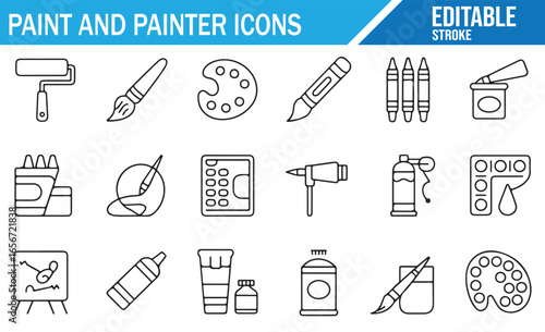 Vector icons of artist tools such as paint cans, brushes, and rollers for painting and DIY activities.