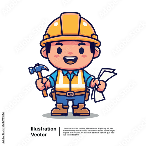 Happy Cartoon Construction Worker Holding Hammer and Blueprints Skilled Trades Icon