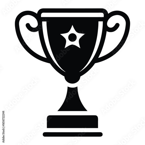 Black silhouette of a trophy cup with star and handles on white background award winner
