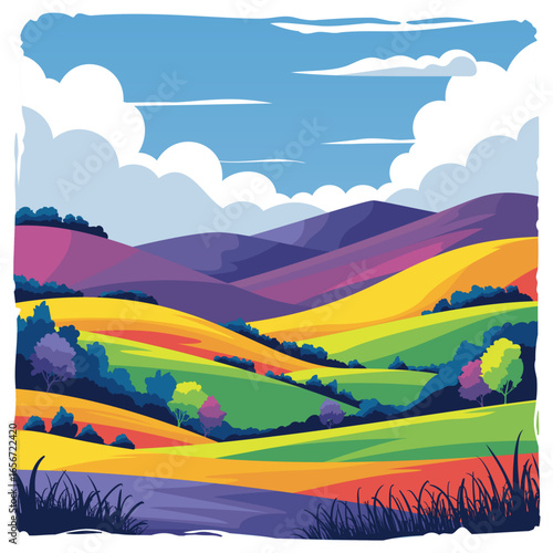 colorful field and rolling hills nature landscape vector illustration