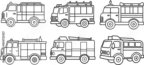 Set of fire engine outline vector illustration line art